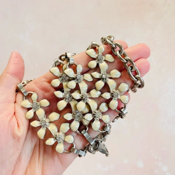 Vintage Metal & Enamel Flowers with Rhinestones Glam Chain Belt